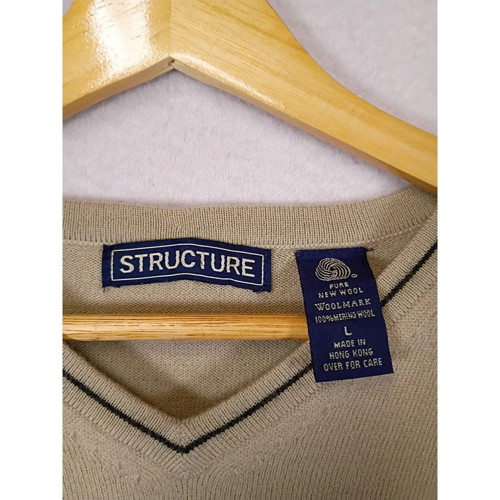 Quiet Luxury Structure Mens Large Tan 100% Merino Wool V-Neck Sweater Trim
